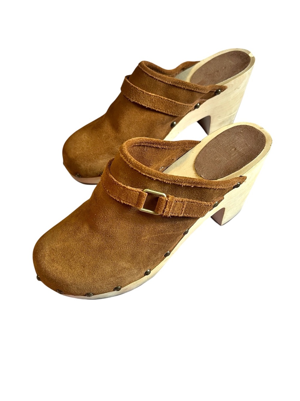 GAP Brown Suede Wood-Heel Clog Mules with Buckle 10